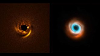 The image to the left, taken with ESO’s Very Large Telescope (VLT), shows a possible planet being born around the young star HD 135344B. This star, located around 440 light-years away, is surrounded by a disc of dust and gas with prominent spiral arms. Theory predicts that planets can sculpt spiral arms like these, and the new planet candidate is located at the base of one of the arms, just as expected.  The image was captured with a new VLT instrument: the Enhanced Resolution Imager and Spectrograph (ERIS). The central black circle corresponds to a coronagraph –– a device that blocks the light of the star to reveal faint details around it. The white circle indicates the location of the planet.  The image to the right is a combination of previous observations taken with the SPHERE instrument also at the VLT (red) and the Atacama Large Millimeter/submillimeter Array (ALMA, orange and blue). These and other previous studies of HD 135344B did not find signatures of a companion, but ERIS may have finally unveiled the culprit responsible for the star’s spiral disc. 
