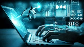 3D rendering artificial intelligence AI research of robot and cyborg development for future of people living. Digital data mining and machine learning technology design for computer brain.