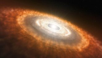 Artist’s impression of a baby star still surrounded by a protoplanetary disc in which planets are forming. Using ESO’s very successful HARPS spectrograph, a team of astronomers has found that Sun-like stars which host planets have destroyed their lithium much more efficiently than planet-free stars. This finding does not only shed light on the low levels of this chemical element in the Sun, solving a long-standing mystery, but also provides astronomers with a very efficient way to pick out the stars most likely to host planets. It is not clear what causes the lithium to be destroyed. The general idea is that the planets or the presence of the protoplanetary disc disturb the interior of the star, bringing the lithium deeper down into the star than usual, into regions where the temperature is so hot that it is destroyed.