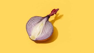 Directly above view of half red onion on yellow background