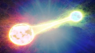 Quantum entanglement. Conceptual artwork of a pair of entangled quantum particles or events (left and right) interacting at a distance. Quantum entanglement is one of the consequences of quantum theory. Two particles will appear to be linked across space and time, with changes to one of the particles (such as an observation or measurement) affecting the other one. This instantaneous effect appears to be independent of both space and time, meaning that, in the quantum realm, effect may precede cause
