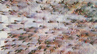 Abstract crowds of people with virtual reality street display. This is entirely 3D generated image.