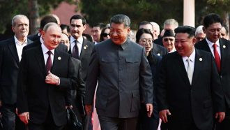 From left in the front row: Russian President Vladimir Putin, Chinese President Xi Jinping and North Korean leader Kim Jong Un walk after a joint photo session of the heads of foreign delegations invited to the military parade to mark the 80th anniversary of Japan's World War II surrender, in Beijing, China, Wednesday, Sept. 3, 2025. (Sergei Bobylev, Sputnik, Kremlin Pool Photo via AP)