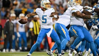CANTON, OHIO - JULY 31: Trey Lance #5 of the Los Angeles Chargers throws a pass during the first quarter of the 2025 Pro Football Hall of Fame Game against the Detroit Lions at Tom Benson Hall of Fame Stadium on July 31, 2025 in Canton, Ohio. (Photo by Nick Cammett/Getty Images)