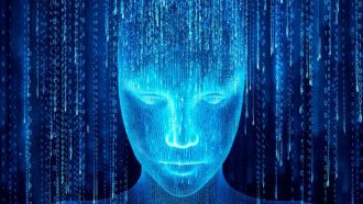Hologram of the artificial intelligence robot showing up from binary code.