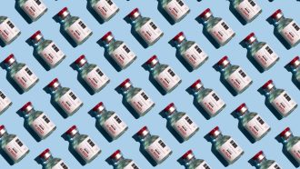 Repeated vials with covid-19 vaccine on the blue background
