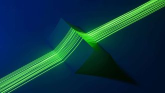 Green Laser Scanning Triangle Shaped Paper Against Deep Blue.