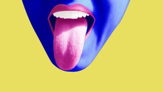 Blue skin face show tongue on yellow background poster. Emotions.