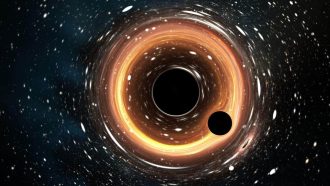 Small black hole orbiting around the supermassive black hole. Gravitational lensing effect. 3D illustration