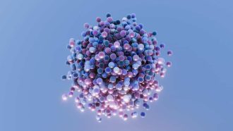 Glossy spheres are forming an abstract shape on a blue background, creating a visually appealing and dynamic composition