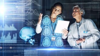 Doctors, tablet and futuristic brain in head mri, cancer xray or mental health neurology in night hospital analytics. Abstract hologram, technology and thinking organ in healthcare teamwork for women